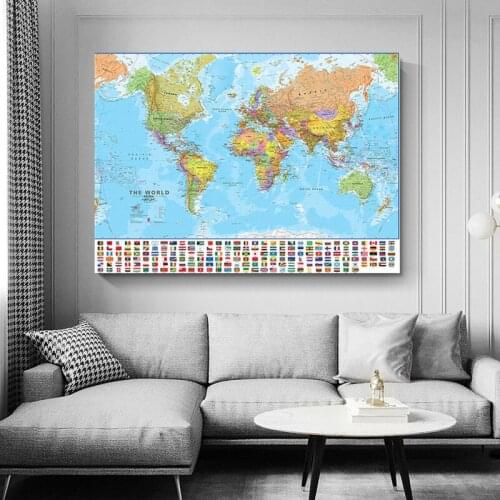 Foldable World Map Posters and Prints 150x225cm Non-woven No-fading World Map with National Flags for Culture Education Supplies