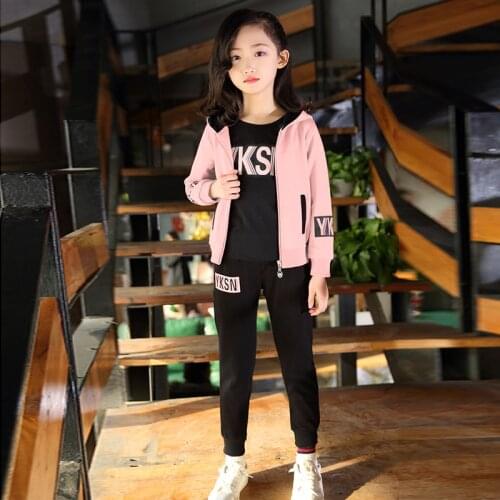 2019 Girls Sport Suit 3pcs/set Clothes Jacket letter Zipper Kids Hoodies tshirt Pants Kids Tracksuit For Girls Clothing Sets