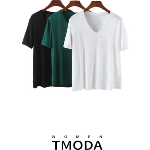 TMODA031 2021 Women Basic Oversize T Shirt V Neck Short Sleeve Ladies Casual Tee Shirt Street Wear Green 3 Colors Top