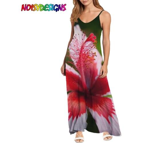 NOISYDESIGNS New Flower Style Dress with Suspender, Sexy and Gentle V-neck, Hibiscus Blossom Printing Long Dresses For Women
