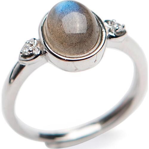Genuine Natural Labradorite Stone Bead Women Adjustable Size 925 Sterling Silver Engagement Ring 9*7mm