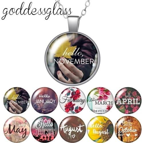 12 month images April May March June November Round Glass glass cabochon silver plated/Crystal pendant necklace jewelry for Gift