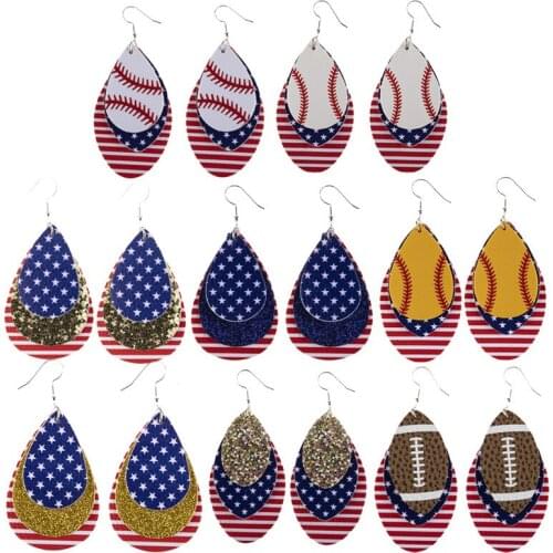 2021 New National Flag Leather Earrings Baseball Earrings Multi-layer Sequined Stripes Fashion All-match Leather Earrings