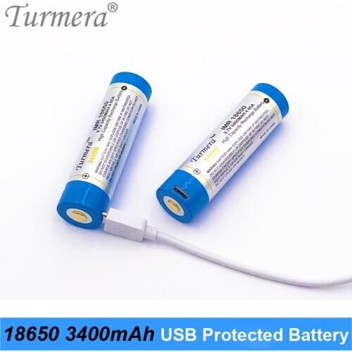 4Pieces Turmera 18650 3.7V 3400mah NCR18650B Protected Rechargeable Lithium Battery 2MOS Micro-USB Charging Port for Flashlight