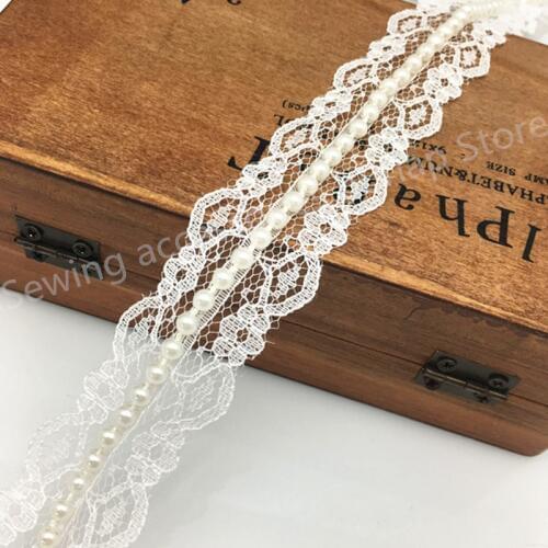 5 yard 3cm Vintage Style Lace Pearl Ribbon Trim Bridal Wedding (Ivory) 5BB5490