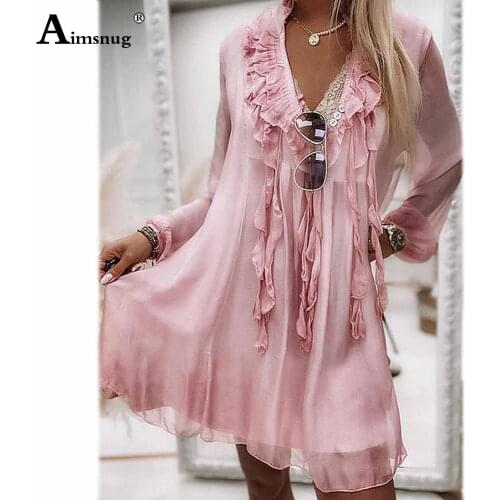 Aimsnug Plus Size Women Sexy Elegant Transparent Short Dress Ruffled V-neck Boho Dresses Summer 2021 Ladies Casual Beach Dress