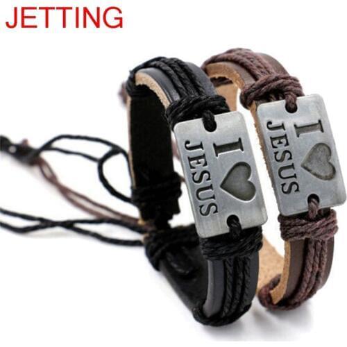PU Leather Bracelet Antique Animal Pendant Rope Chain Charms Letter I love JESUS Wrap Bracelet Gifts For Women Men