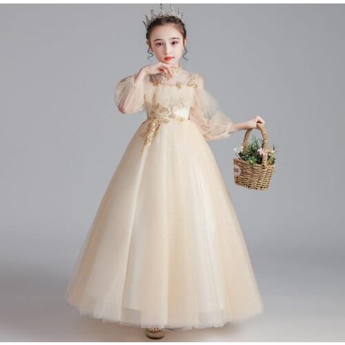 Children Girls High Quality Luxury Champagne Color Birthday Evening Party Princess Long Tail Dress Kids First Communication Wear