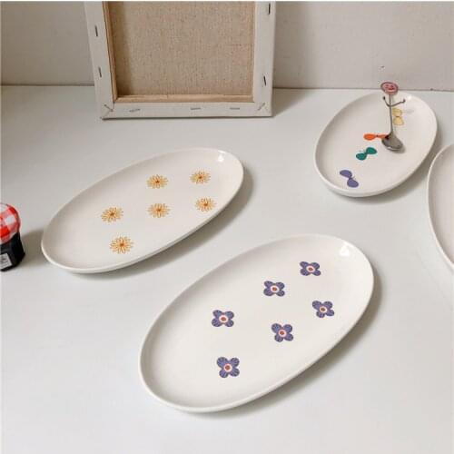 Japanese Ins Wind Retro Flower Ceramic Household Kitchen Accessories Simple Oval Dessert Snack Plate Dinner Plates Dish Set