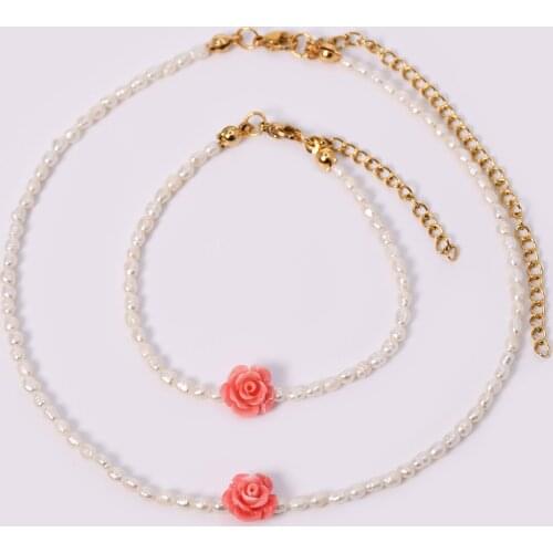 KBJW Romantic Small Rice Shape Pearl Jewelry Real 2.5-3mm Freshwater Pearl Light Pink Rose Flower Charm Necklace Bracelet Set