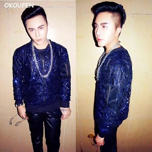 Handsome Man blue geometric Sequins baseball Jacket costumes Nightclub male singer DJ star stage performance coat