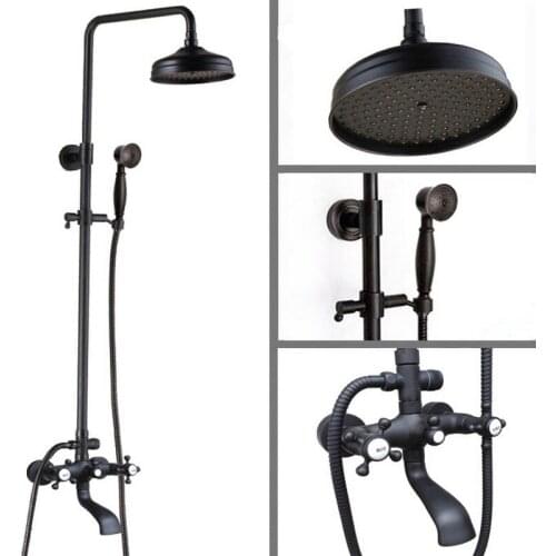 Black Oil Rubbed Brass Dual Cross Handles Bathroom 8 Inch Round Rain Shower Faucet Set Bath Tub Mixer Tap Hand Shower mhg101