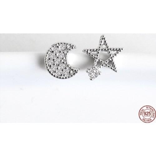 LKO Fashion 925 Sterling Silver Asymmetry Star Moon Stud Earring For Women Shiny Zircon Stud Earring Jewelry Gifts Ornaments