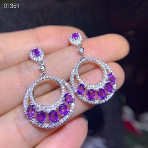 Fashion round circle S925 silver natural amethyst drop earrings natural purple crystal earrings woman party gift fine jewelry