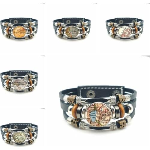 New Retro Leather Bracelet Map Traveler Souvenir Bracelet Charms Jewelry Men and Women Holiday Gifts Halloween Bangles Luxury