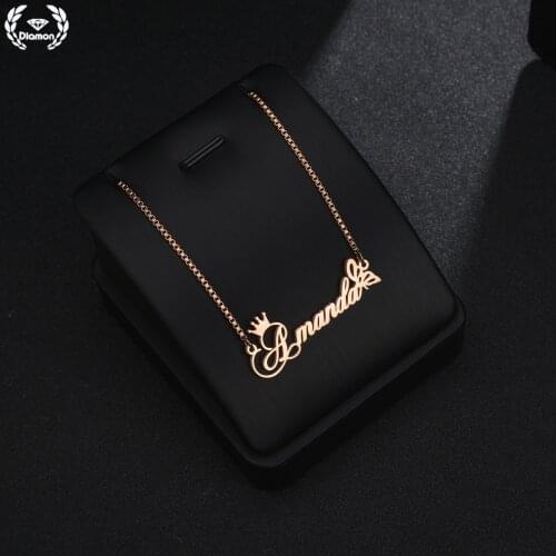 Diamon Personalized Stainless Steel Necklace For Women Nameplate Custom Name Crown Butterfly Pendant Box Chain Gold Jewelry Gift