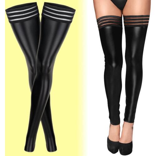 Metelam Sexy PU Leather Stripe Rib Top Thigh High Stockings for Women Night Clubwear Outfit Knee High Footless Plus Size