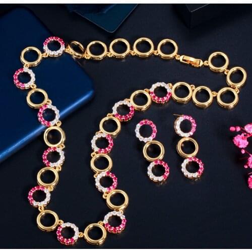 ThreeGraces Gorgeous Red White Cubic Zirconia Gold Color Round Link Chain Choker Necklace Earrings Jewelry Set for Ladies TZ615