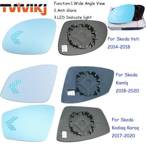 TVYVIKJ Side Rearview Mirror Blue Glass Lens with LED Indicate light For Skoda Kodiaq Karoq Kamlq Yeti 2014-2020 Wide view