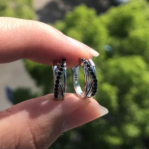 Vintage Black Tiny Stone Bridal Wedding Earrings Punk Female Square Crystal Earrings Trendy Silver Color Hoop Earrings For Women