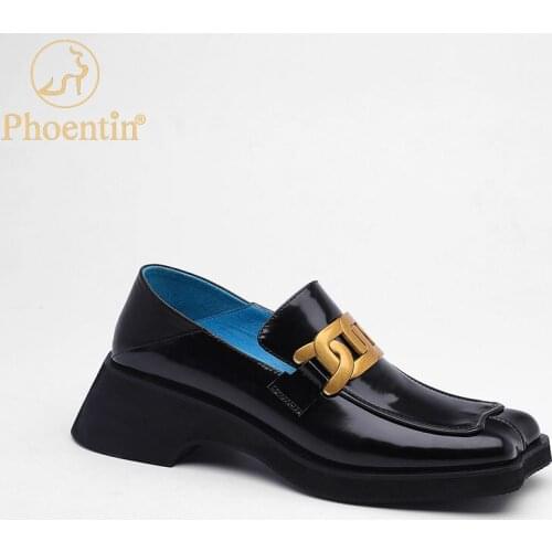 Phoentin Woman Genuine Leather Loafers 2021Square Toe high Heels Metal decoration Pumps Designer Black slip-on Shoes FT1397