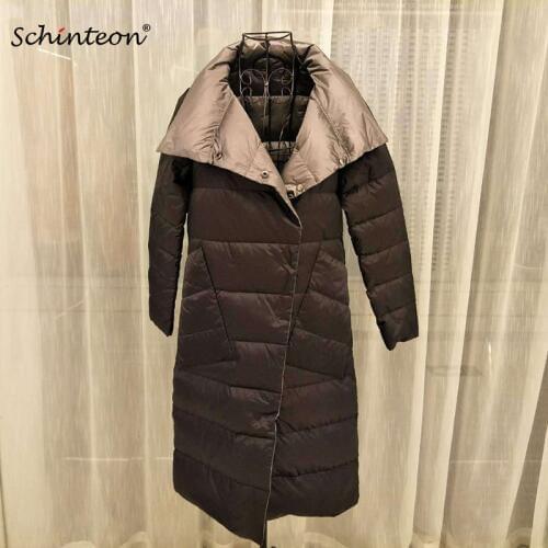 Schinteon Women Ultra Light Down Jacket Reversible Two Side Wear 90% white duck down Long Coat Slim Stand Collar Outwear