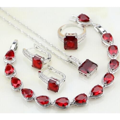 Red Cubic Zirconia White Zircon 925 Sterling Silver Jewelry Sets For Women Engagement Necklace/Earrings/Bracelet/Pendant/Ring