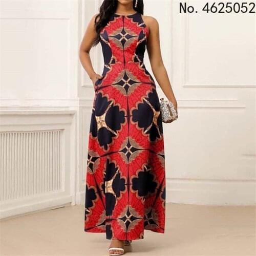 Clothes for Women Dashiki Print Dress European Clothing Plus Size Bazin Rich Sleeveless Fashion Round Neck Maxi Vestido