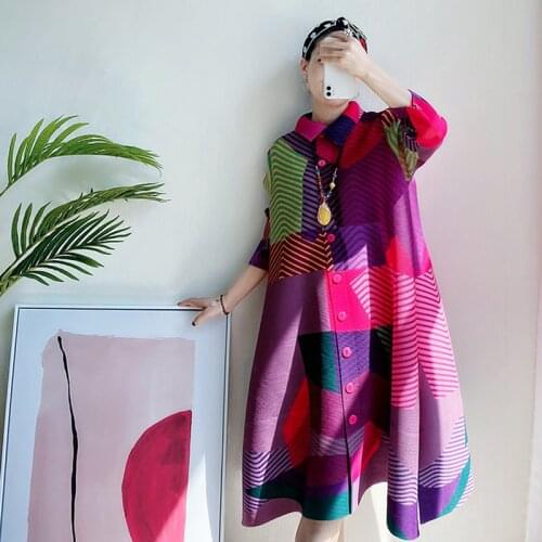 2020 winter womens dress Miyake pleated dress plus size women dress Turn-down Collar button up dress indie aesthetic clothes