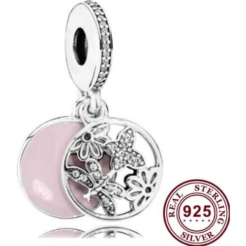 100% 925 Sterling Silver Charm Pink Enamel Butterfly Dragonfly Pendant Fit Pandora Women Bracelet & Necklace Diy Jewelry