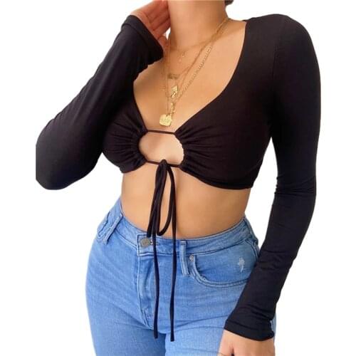 2021 Fashion Trend Womens Sexy Crop Top Casual Long Sleeve Drawstring Ruched Tie Front Hollow V Neck Summer T-shirts Tees