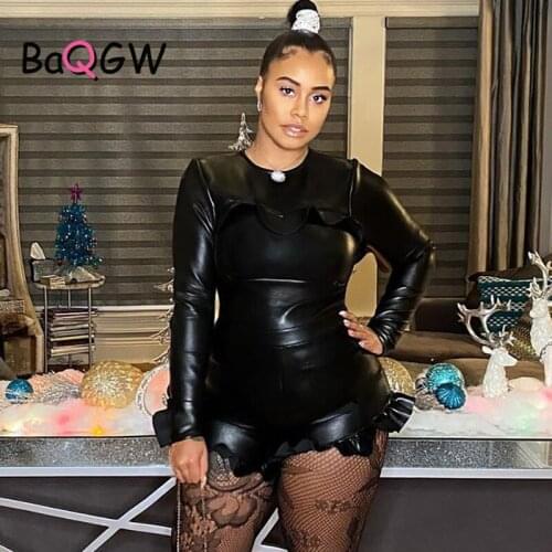 BaQGW Gothic Faux PU Leather Two Piece Set Women Full Sleeve T-shirt + Biker Shorts Suits Club Outfits Sexy Ruffles Tracksuit