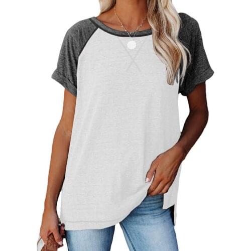 White Stitching Grey Raglan Short Sleeve Casual T-shirt Women Summer O-Neck Chest Cross Design Patchwork Pullover Top Tshirts