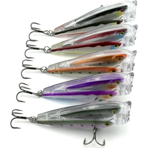 Big Sale 5pcs New Group Popper Fishing Lure Artificial Plastic Popper Fishing Baits Floating Water Treble Hooks Tackle 8cm 12.8g