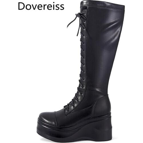 Dovereiss Fashion Womens Shoes Winter Sexy Pure color white beige new Round toe Cross tied platform boots Knee high boots 34-39