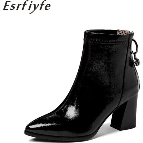ESRFIYFE 2020 New Ankle Boots Soft Leather Women Boots Thick Heel Ladies Shoes Autumn Winter Zipper Woman Boots Large Size 34-48