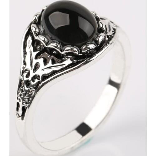 Classic Women Rings Oval Black Stone Personality Charm Wedding Party Ring Silver Color Carved Pattern Ring Jewelry Gift Hot Sale
