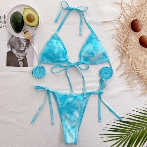 Two piece sets swimsuit Sexy ladies brazilian triquinis 2021 bandage micro tankini Low waist bikini mini blue bathing suit women