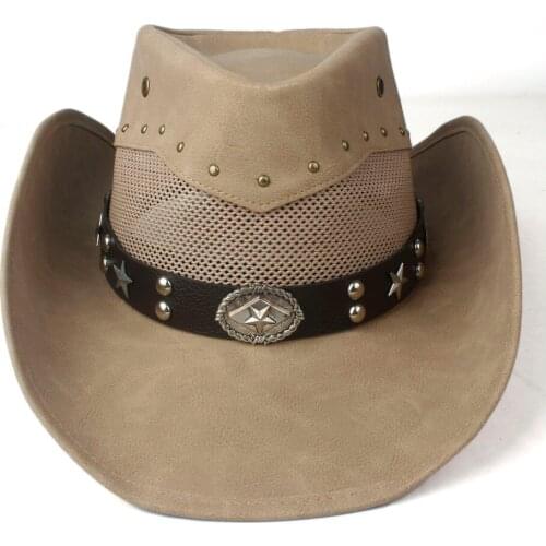 Summer Leather Men Women Mesh Western Cowboy Hat Wide Brim Hat Outdoor Sombrero Hombre Cowgirl Hat
