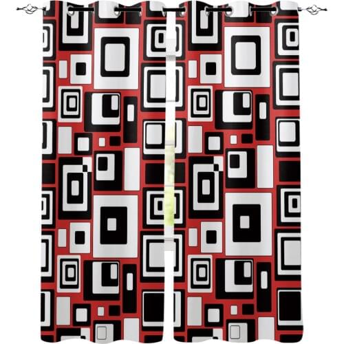 Patchwork Geometric Rectangles Spliced Red Black Room Curtains Large Window Window Curtains Bathroom Kitchen Bedroom Drapes