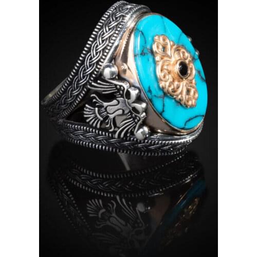 Oval Tuquoise Gemstone Men Silver Ring Knitting Model Men Ring Double Eagle Style Men Jewelry Animal Silver Ring