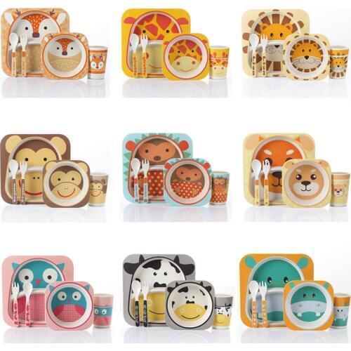 Lekoch 5pcs/set animal zoo baby Plate bow cup Forks Dinnerware feeding Set 100% bamboo fiber Baby children tableware set