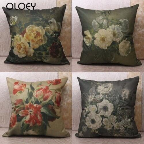 Retro Floral Oil Painting Pattern Linen Soft Pillowcase, Size 45cmx45cm Home Bedroom Hotel Car Decoration, Soft and Comfortable