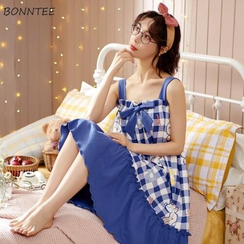 Nightgowns Women Summer Popular Female Sleeveless Lovely Students Nightwear Sleep Cartoon-printed Mid-calf Ruffles Korean Style