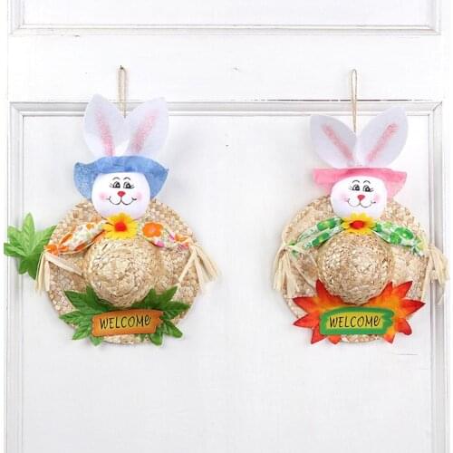 Easter Bunny Straw Hat Hanging Wall Door Rabbit Scarecrow Doll Straw Cap Wreath Pendant Ornament
