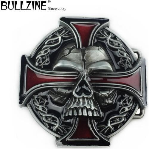 The Bullzine wholesale Cross belt buckle with skull with pewter finish FP-03164-1 suitable for 4cm width snap on belt