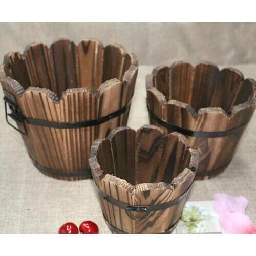 Rustic Small Round Wooden Flower Barrel Flower Pot Planter For Wedding Home Garden Decoration Free Shipping