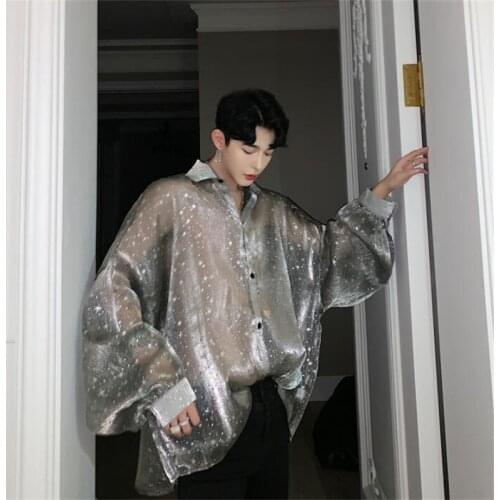 Nightclub shiny starry sky shirt mens stage catwalk show dress transparent lace clothing loose mesh long-sleeved black grey