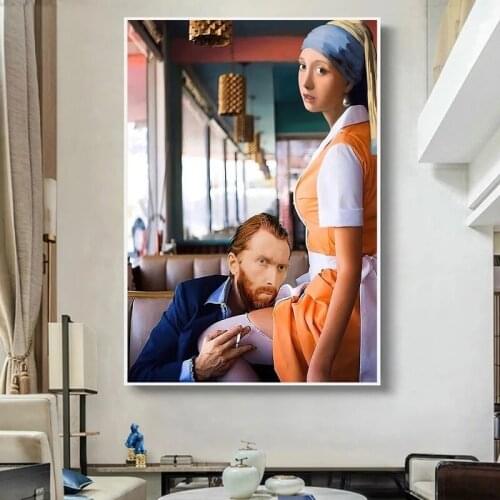 The Spoof Classic Painting The Girl with Pearl Earrings Hugged Van Gogh Creative and Interesting Wall Art Print Canvas Poster