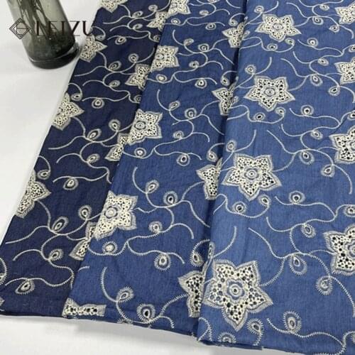 Embroidered Washed Denim Fabric Thin Cotton Fabric Flowers Embroidery Polyester-Cotton Dress Shirt DIY Apparel Fabric TJ3480